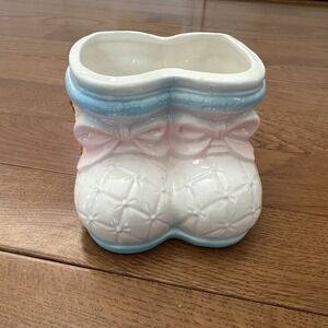 Vintage Ceramic Planter Vase White Blue Pink Baby Shoes Booties Bear Baby Shower